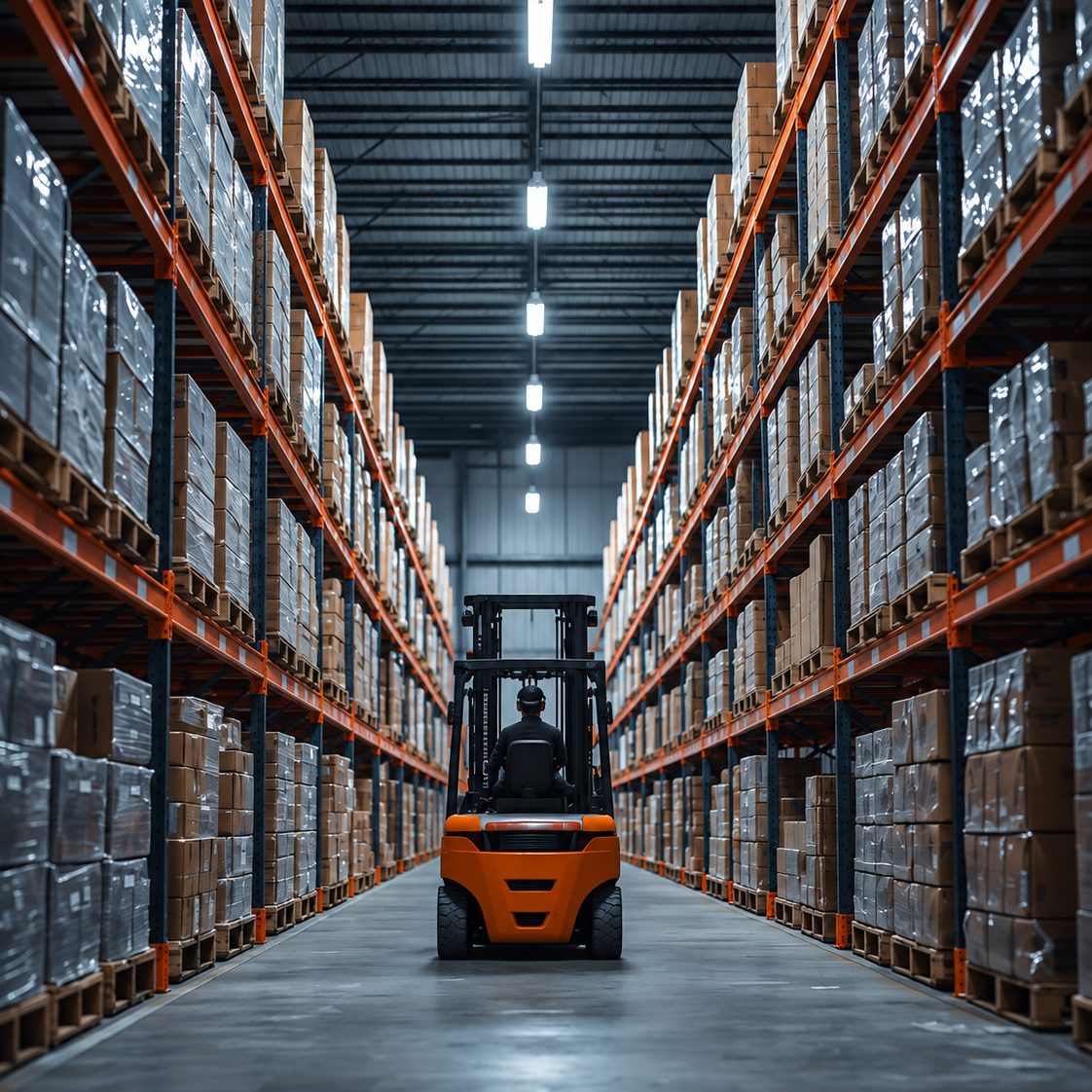 A forklift in a warehouse aisle