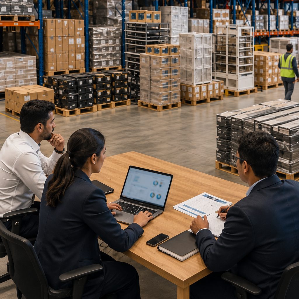 Three people meeting at a table in a warehouse